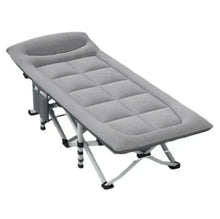 Light gray folding camping cot with padded mattress, rounded headrest, support legs
