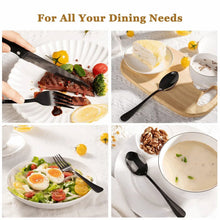 Black stainless steel dining utensils set with forks, spoons, and steak knives.