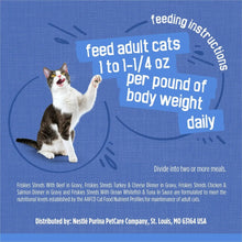 Wet cat food shreds feeding instructions graphic for adult cats