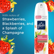 Glade soft mist air freshener spray bottle with strawberry and fruit splash design