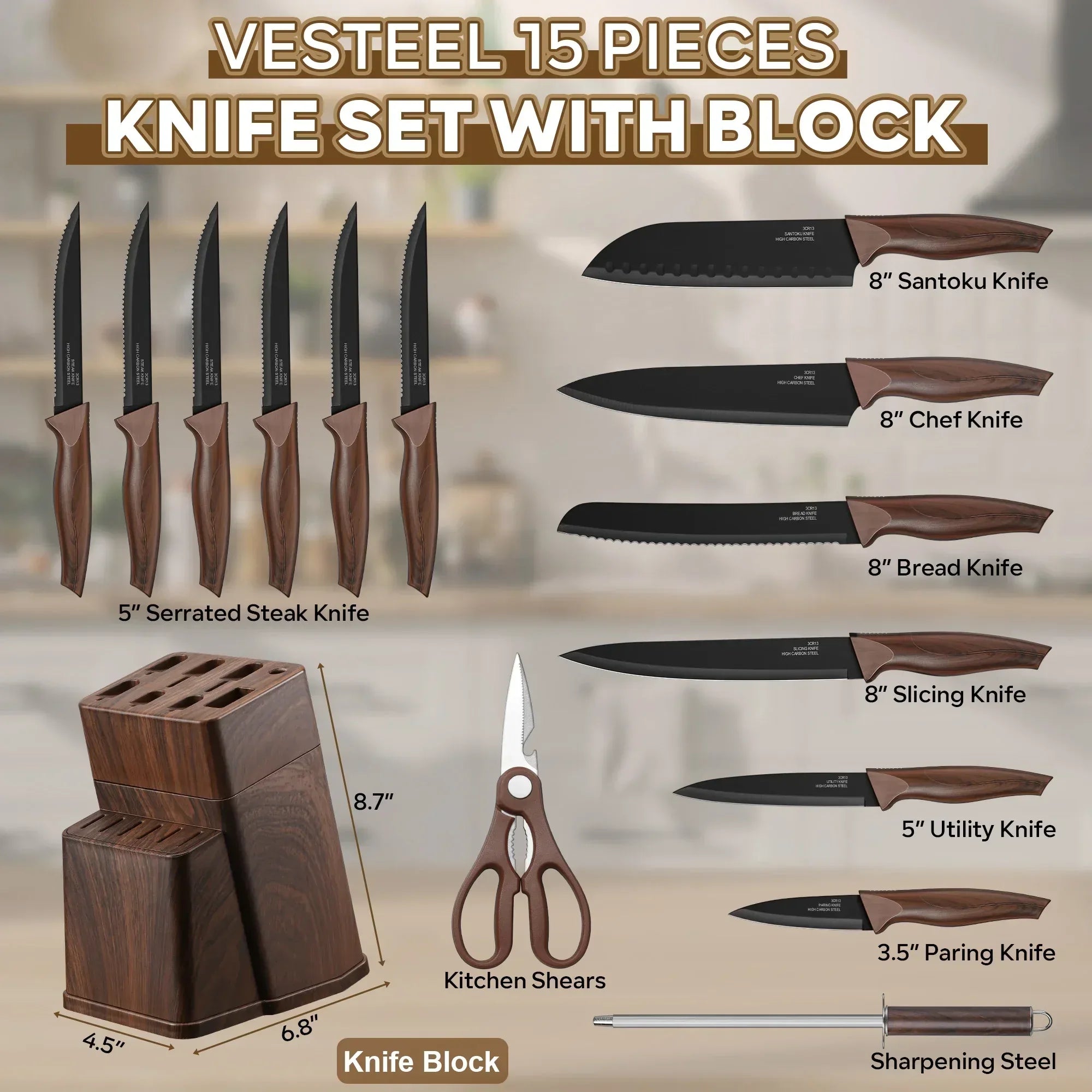 Vesteel Knife Set for Kitchen with Block, 15 Pcs High Carbon Stainless Steel Kitchen Knife Set with Self Sharpening - USA MEGA SHOP