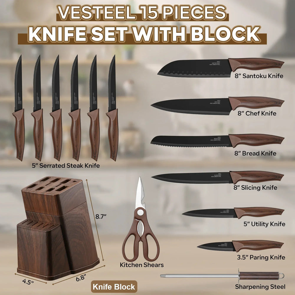 Vesteel Knife Set for Kitchen with Block, 15 Pcs High Carbon Stainless Steel Kitchen Knife Set with Self Sharpening - USA MEGA SHOP