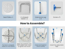 Shower stool parts set: round seat plate, U-shaped legs, extension legs, screws