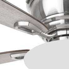 Ceiling fan blade arm and brushed nickel motor housing detail