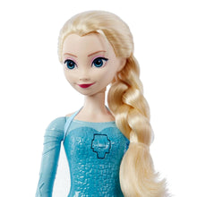 Elsa doll face with blue eyes, blonde side braid, light blue sequin bodice