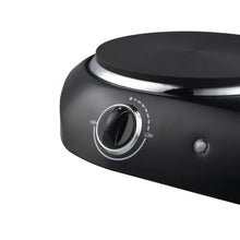 Black electric cooktop burner knob with high/low setting marks and indicator light.