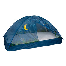 Blue kids bed tent with moon decal and netted roof over a white floor panel