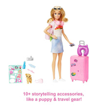 Blonde fashion doll wearing sunglasses with pink travel suitcase and mini accessories