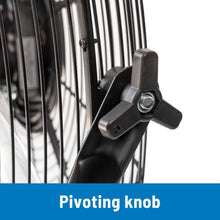 Pivoting knob on black fan stand for tilting air direction
