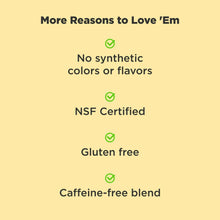 OLLY gummies benefit icons: no synthetic colors or flavors, NSF, gluten free