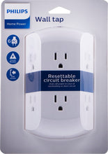 White wall outlet tap with resettable circuit breaker and six grounded outlets