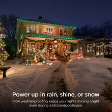 Outdoor smart plug powering holiday lights outdoors in snow and winter weather