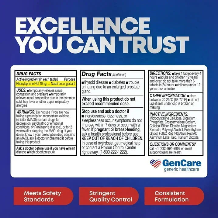 GenCare Nasal Decongestant Tablets, Phenylephrine HCl 10 mg, Non-Drowsy, 300 Count