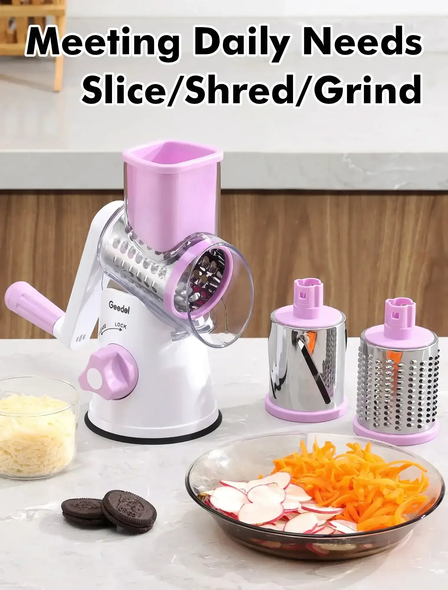 Geedel Rotary Cheese Grater, Kitchen Grater Vegetable Slicer with 3 Interchangeable Blades, Powerful Suction, Dishwasher Safe, Easy to Clean Grater for Vegetable, Fruit, Nuts