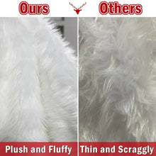 White faux fur tree skirt fabric comparison, dense fluffy pile versus thin sparse pile