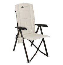 High back reclining lounge chair with cream cushion and adjustable armrests, side storage pouch