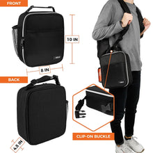 Black insulated lunch box with carry handle and clip-on buckle strap
