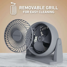 Gray air circulator fan with inner blades visible after removing the front grille.