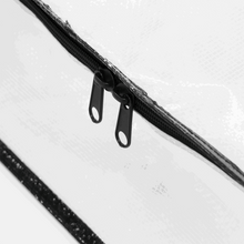 Clear storage bag zipper track with handle loops, black trim