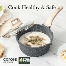 Black speckled nonstick saucepan with glass lid and wooden handles