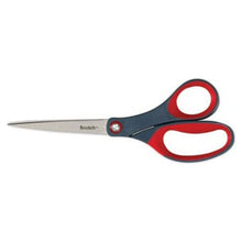Bent scissors with gray blades and red finger loops on a dark handle