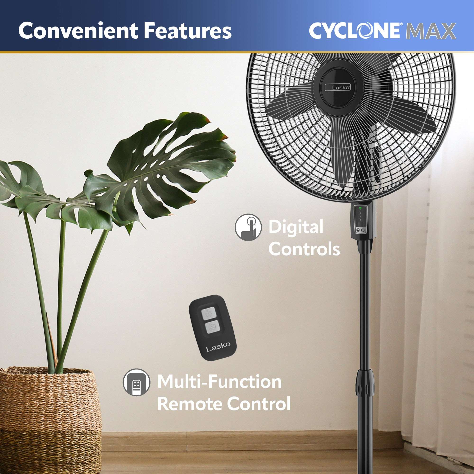 Lasko Cyclone Max 18" Oscillating Pedestal Fan with Remote, Adjustable Height and 4 Speeds for Whole Room Cooling, Black, S18605