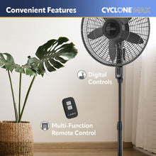 Black pedestal fan head with circular grille and digital control display on the pole