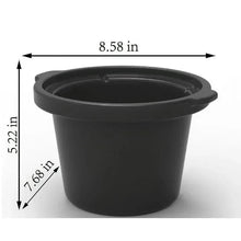 Black slow cooker pot with measurement markings and rim handles