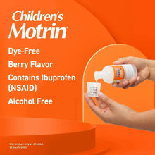 Children’s Motrin ibuprofen oral suspension bottle with dye-free berry flavor and alcohol-free text