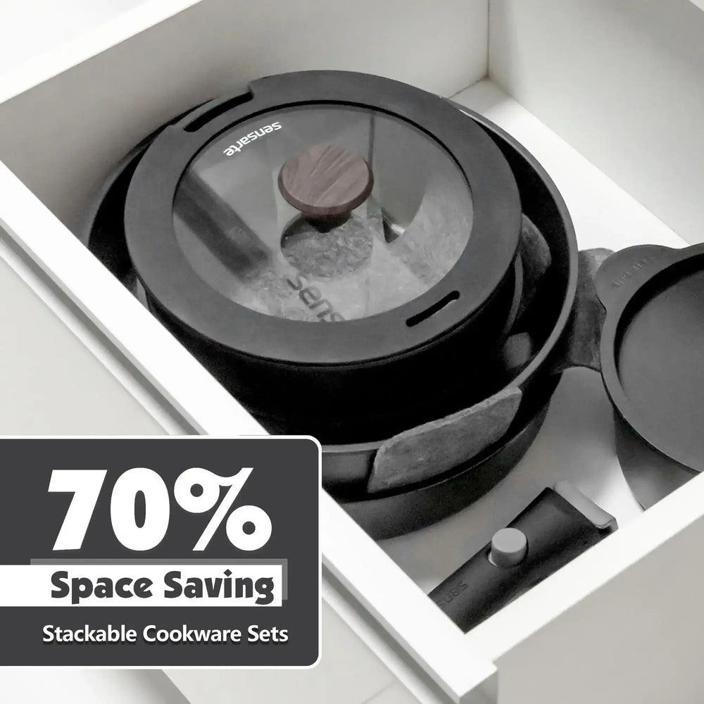 SENSARTE Ceramic Nonstick Pots and Pans Set with Detachable Handle, 18Pcs Induction Kitchen Cookware Sets Stackable, Dishwasher/Oven Safe(Navy Blue) - USA MEGA SHOP