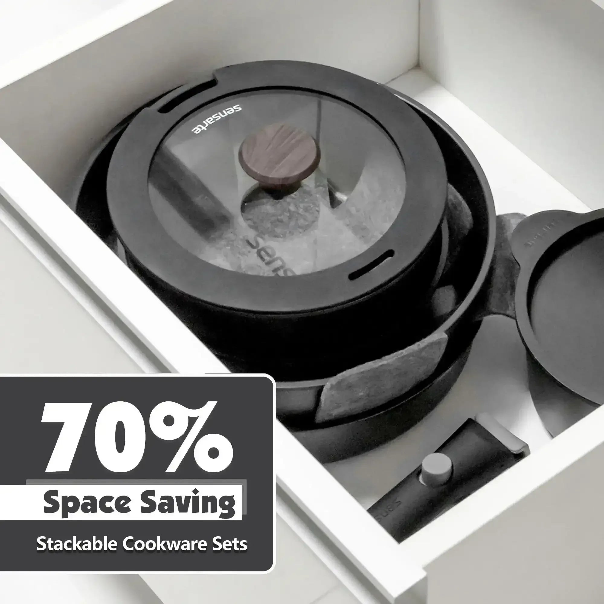 SENSARTE Ceramic Nonstick Pots and Pans Set with Detachable Handle, 18Pcs Induction Kitchen Cookware Sets Stackable, Dishwasher/Oven Safe(Navy Blue)