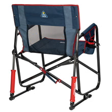 Oversized foldable rocking camp chair with blue back panel, red accents, black steel base