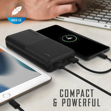 Black power bank charging a phone and a second device with USB cables