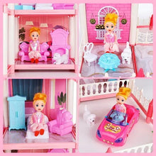 Pink dollhouse interior with four rooms, dolls, furniture, and toy car