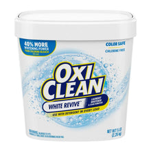 Laundry whitener powder tub with white lid and blue OxiClean White Revive front label