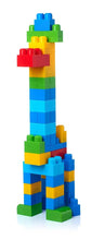 Tall colorful plastic stack of building blocks with blue, green, yellow, and red sections
