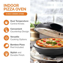 Electric indoor pizza oven in black on countertop with open lid and round display knob.