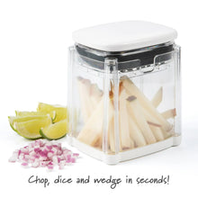 3-in-1 French fry cutter container with lid and chopped vegetable pieces