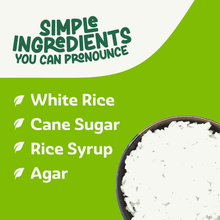 Puffed white rice snack label listing white rice, cane sugar, rice syrup, agar
