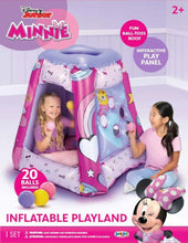 Minnie Mouse inflatable playland with interactive panel and ball-toss roof, pink and purple