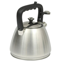 Stainless steel tea kettle with black handle and lid, curved spout and top knob