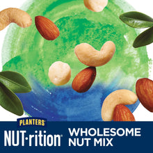 Nut-rition wholesome nut mix graphic with mixed nuts and green leaf accents on bag