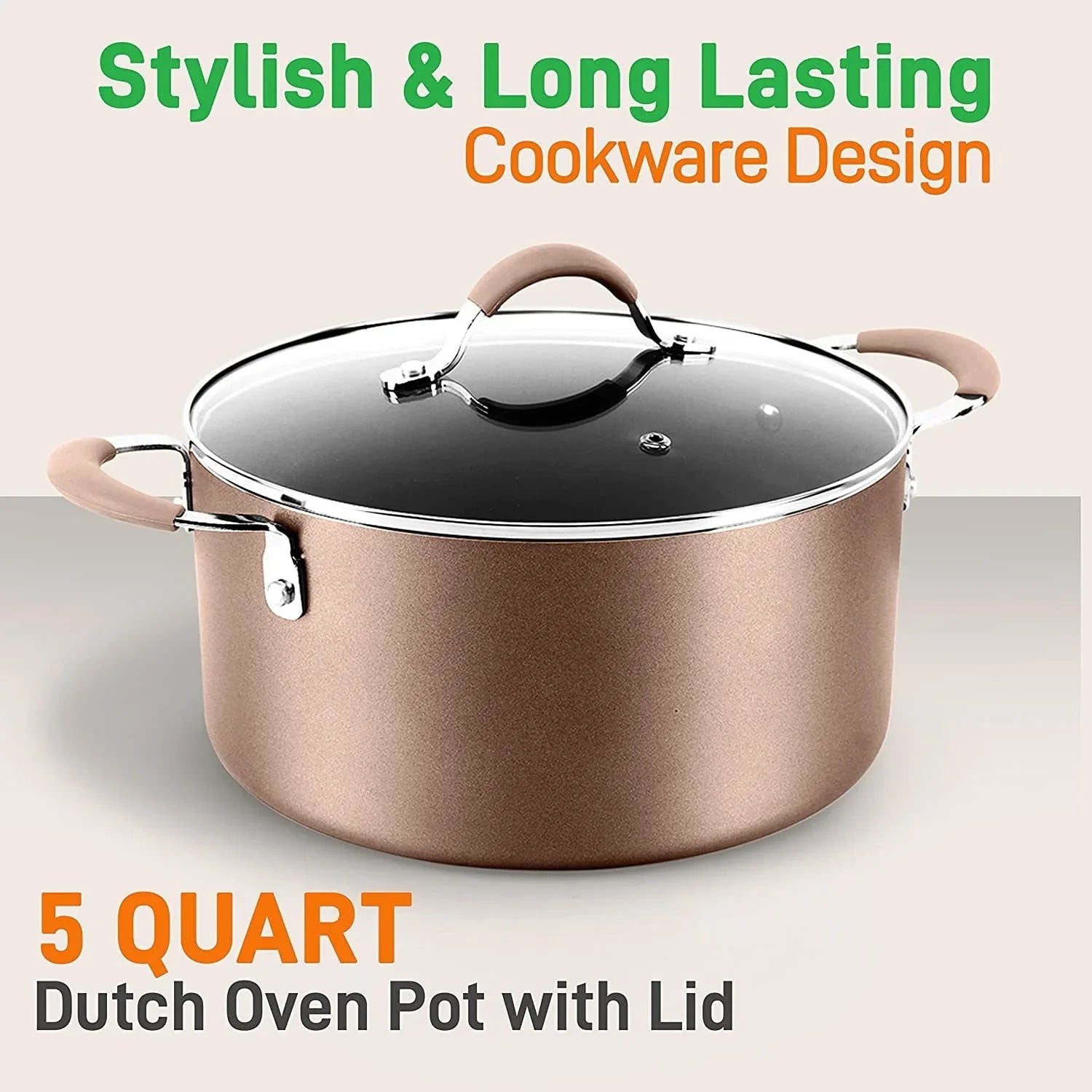 NutriChef 5 Quart Non Stick Dutch Oven with Lid & Stay Cool Handles, Brown