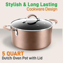Brown nonstick Dutch oven with lid and curved stay-cool handles
