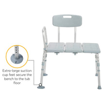 Transfer bench with gray backrest, suction-cup feet, and curved safety handles