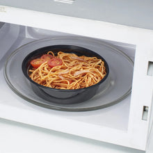 Round 1L meal prep container with snap-on lid, filled with spaghetti and sauce.