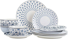 Ceramic dinnerware set with blue-and-white patterned bowls and plates, stacked view