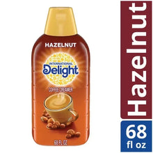 Hazelnut coffee creamer bottle, International Delight, 68 fl oz front view