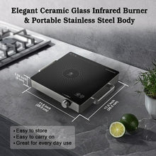 Electric single-burner hot plate with black ceramic glass top and stainless steel body with handles