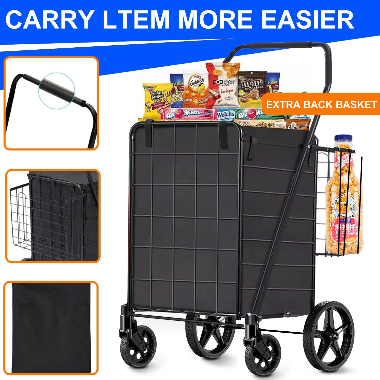 Camkey Folding Shopping Cart, Utility Trolley Grocery Cart with Removable Basket and Swivel Wheel, Black